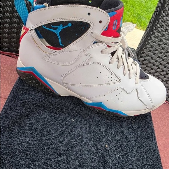 Jordan 7s- White and Blue Athletic Shoes with Air Cushioning - Picture 1 of 1